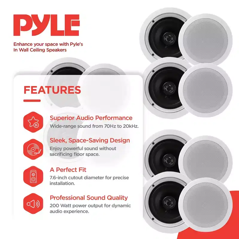 Pyle PDIC1661RD 6.5 Inch 200 Watt In Ceiling Wall Speakers 2 Way Flush Mount Home Indoor Speaker System Pair, White (3 Pairs)