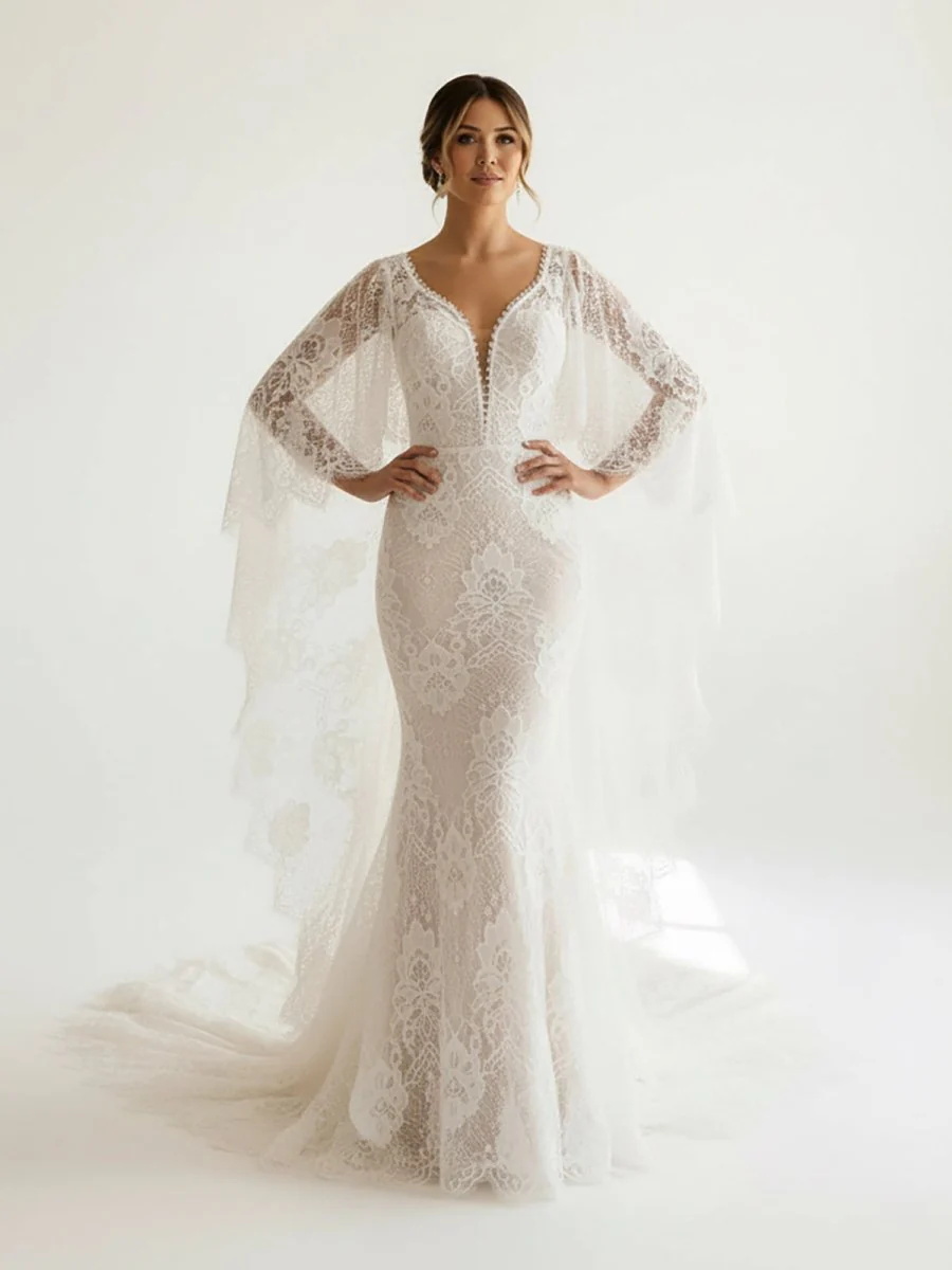 Ivory Long Sleeve Cape Lace Mermaid Wedding Dress with Appliques