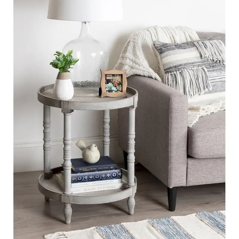 Round Wood Side Table with Shelf, Gray / White / Rustic Brown / Black