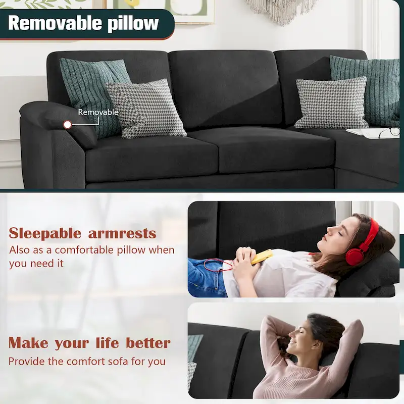 Futzca Sectional Sofa Couch, 3 Seat L Shaped Sofa with Removable Pillows