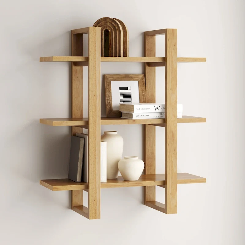 Benji Floating Wall Book Shelves, 3-Tier Display Shelf, Decorative Modular Shelf in Solid Wood