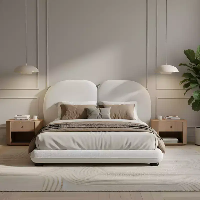 Queen/King Size Upholstered Platform Bed Frame with Thick Soft Headboard, White, Low profile - ModernLuxe