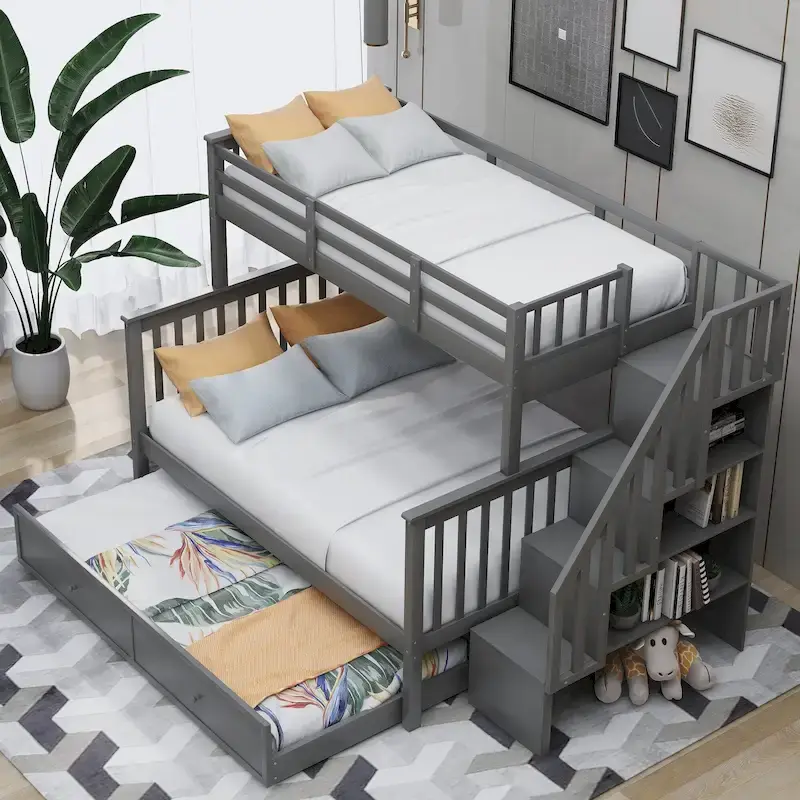 Twin-Over-Full Bunk Bed with Twin size Trundle, Storage and Guard Rail for Bedroom, Dorm, for Adults, White