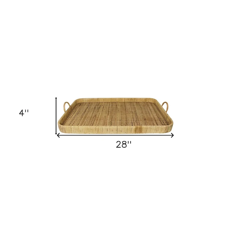 HomeRoots 28  Natural Rectangular Bamboo Serving Tray With Handles