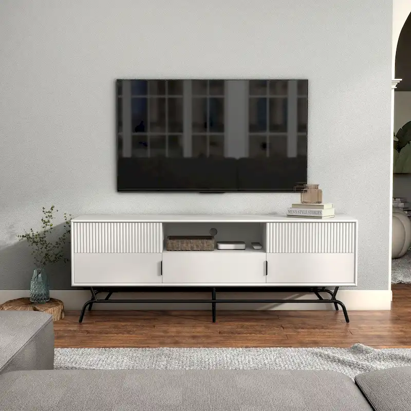 DH BASIC Modern 60-inch 3-Drawer Media Cabinet TV Stand with Cable Hole by Denhour