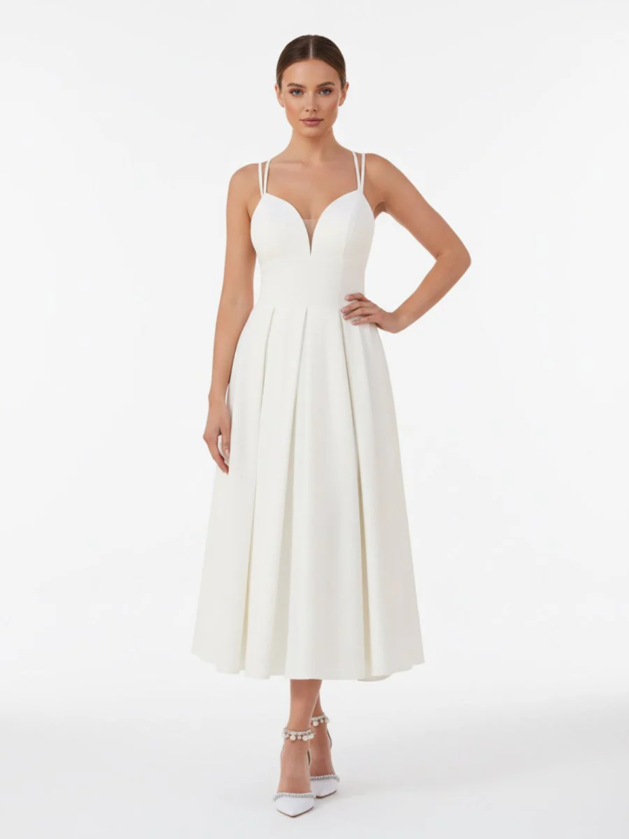 A-Line V-Neck Sleeveless Satin Knee-Length Wedding Dress