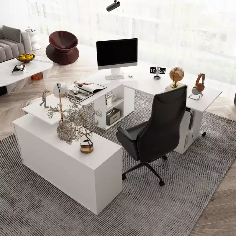 Famapy Liftable Writing Desk Computer Desk Right Angle Desktop Large Desktop One-piece Hollow Out Shelf White