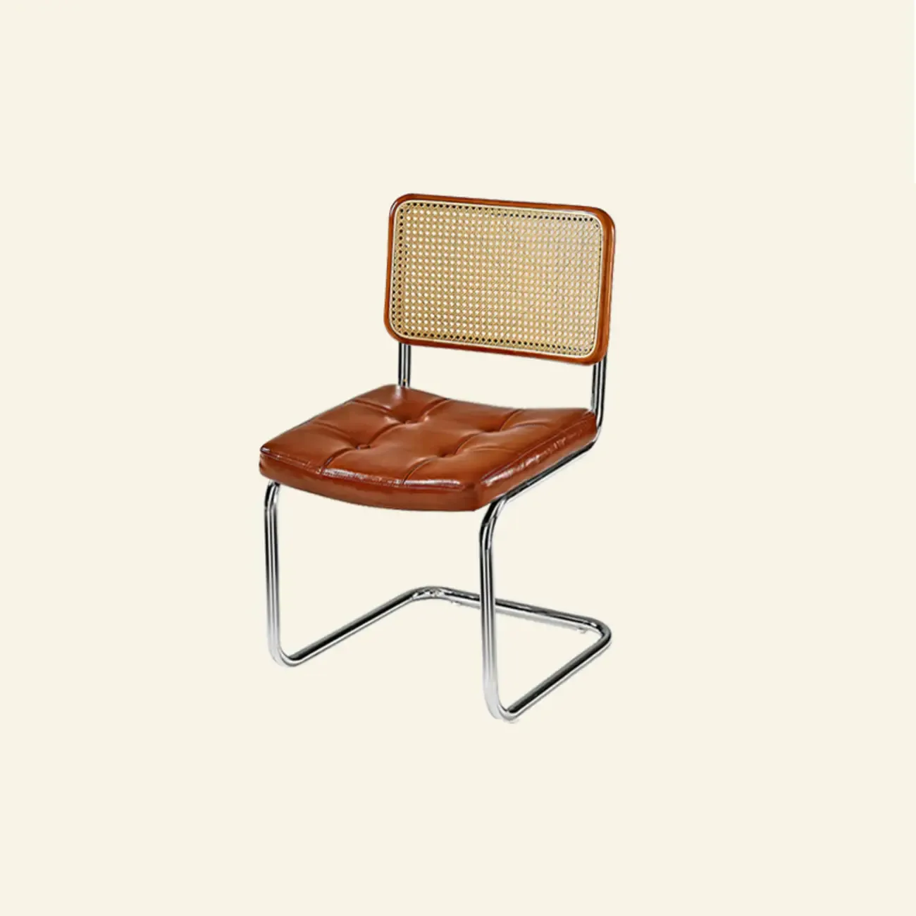 Modern Brown Cantilever Faux Leather Dining Chair Woven Back