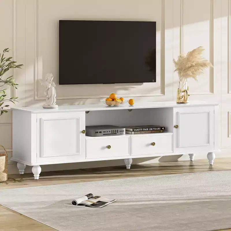 MAYEERTY Modern TV Stand with Open Compartment 2 Drawers 2 Cabinets and 5 Solid Legs for Living Room White