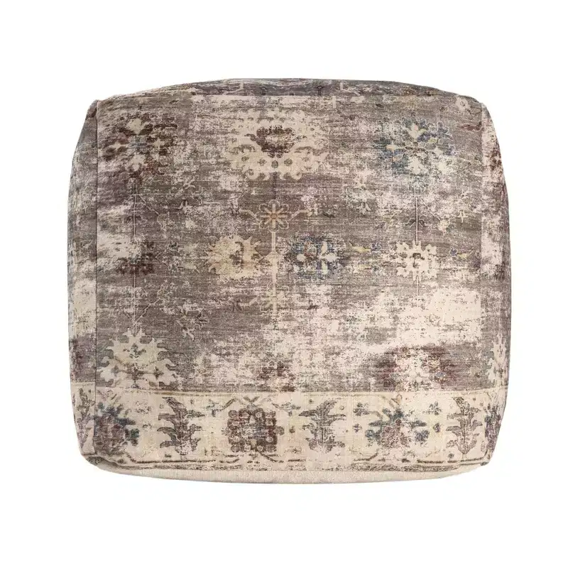 HomeRoots 18 Ivory and Taupe Upholstered Medallion Pouf Ottoman