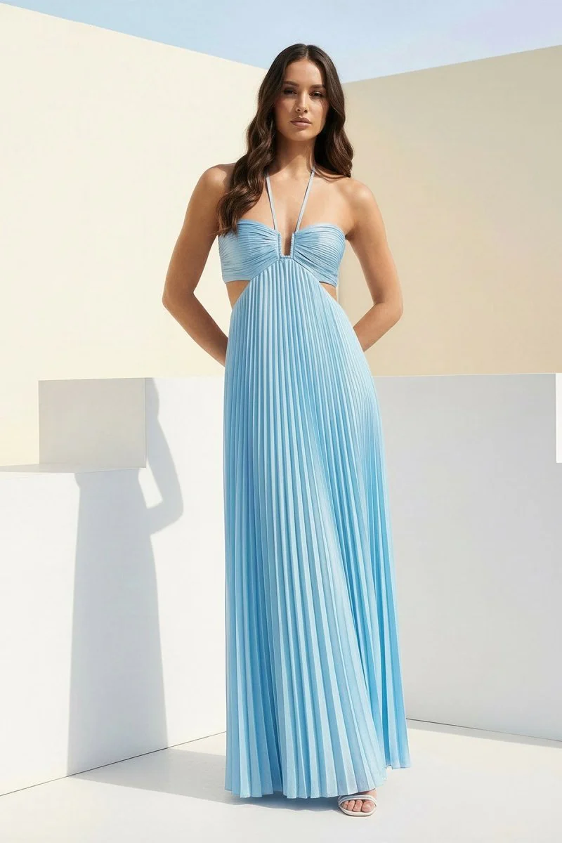 Sky Blue Halter Pleated Satin A Line Prom Dresses With Cutout