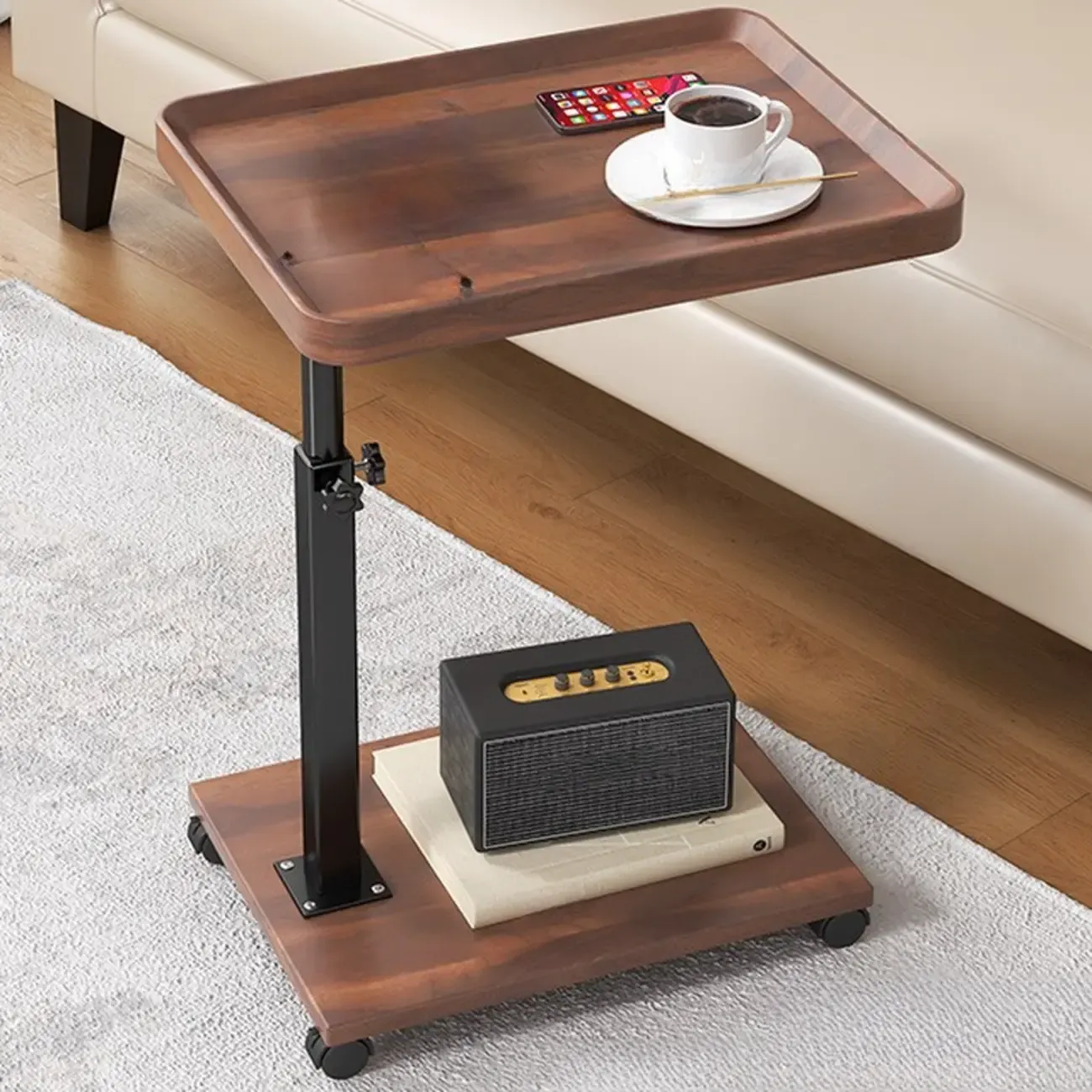 Adjustable Round Wood C-Shaped Wheel Side Table