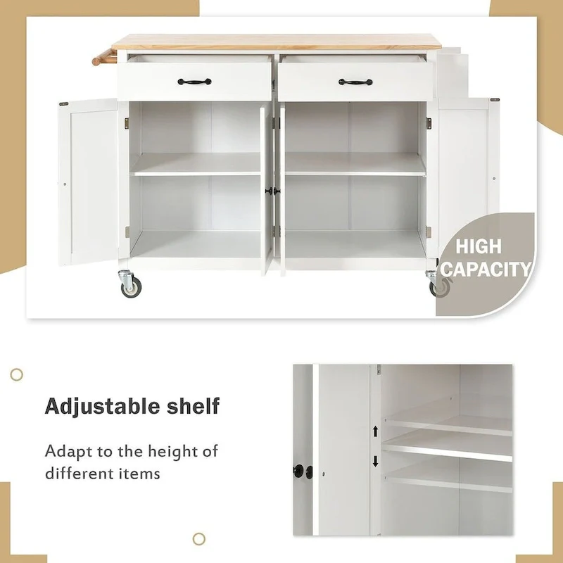 Kitchen Island Cart with Solid Wood Top, Locking Wheels, Spice & Towel Rack