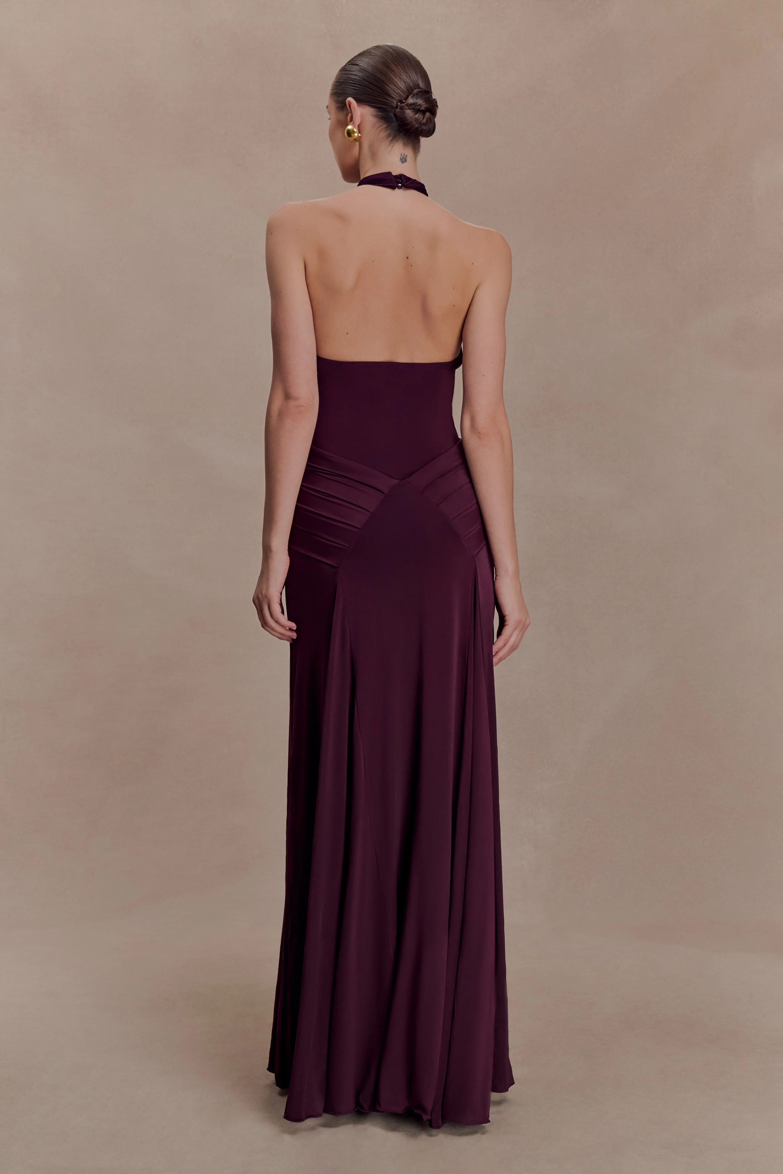 Indira Gathered Slinky Halter Maxi Dress - Mahogany