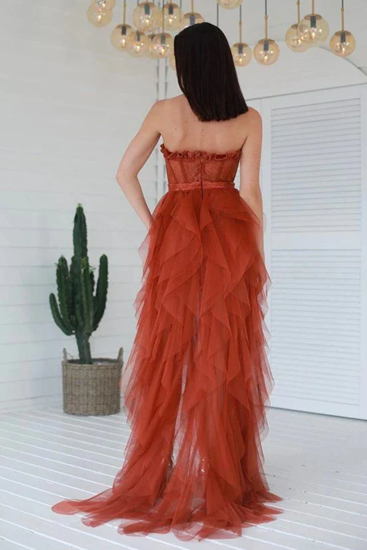 Elegant Rust Tiered Ruffles Tulle Prom Dress
