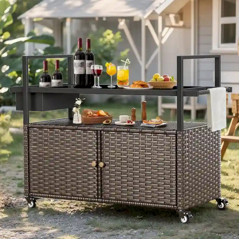 Brown/Grey Wicker Outdoor Rolling Grill Cart with Wheels, 2-Person Serving Station