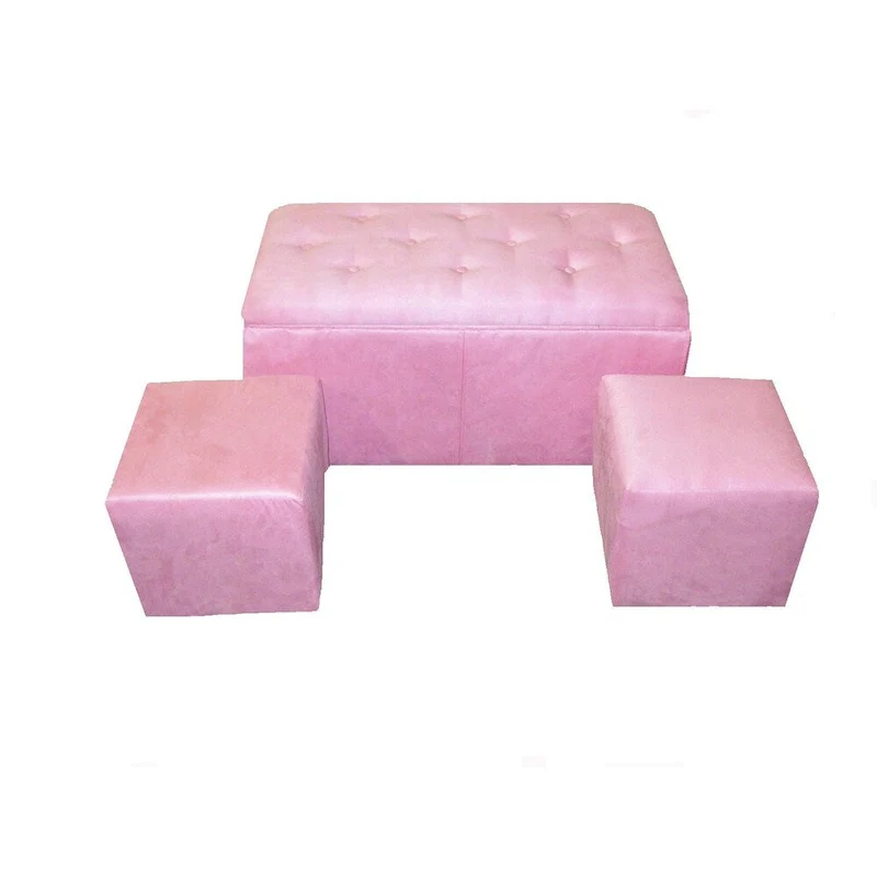 Pink Microfiber Storage Bench with 2 Ottomans, 3-Person Set