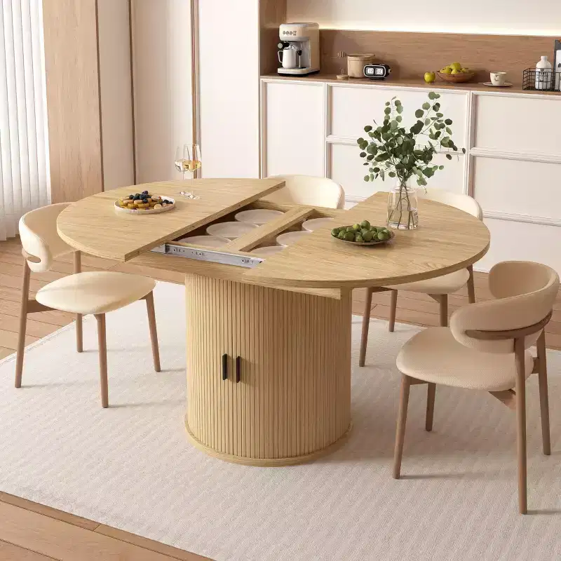 Dyonery Extendable Dining Table 43-59 for 4-6, Solid Wood Top with Fluted Slide Door & 8-Compartment Storage, Space-Saving Pedestal Base