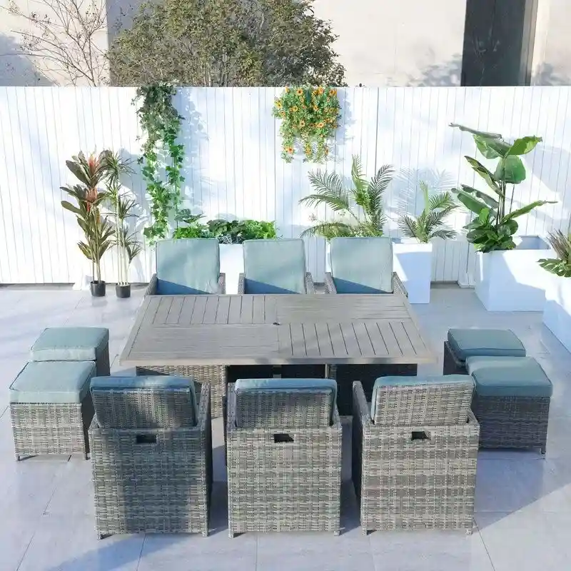 11-Piece Patio Wicker Aluminum Dining Table Set w/ Chairs and Ottomans