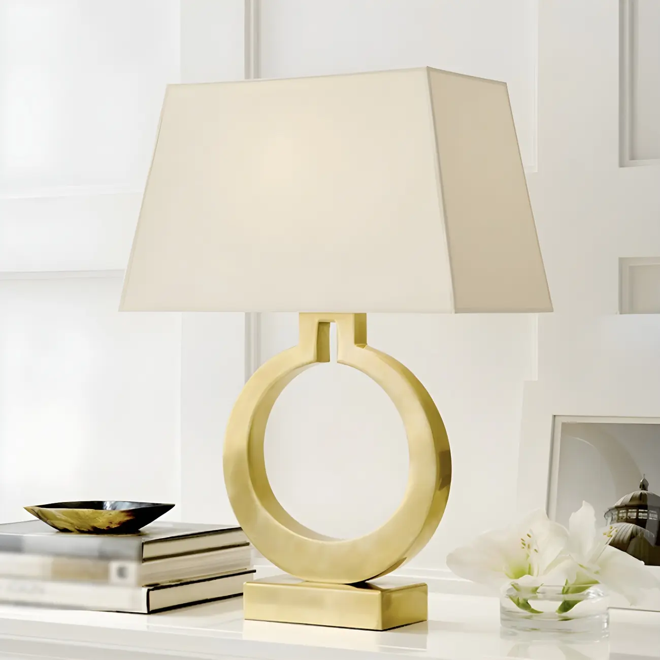 Gold Ring LED Table Lamp Square Base & Rectangle Shade