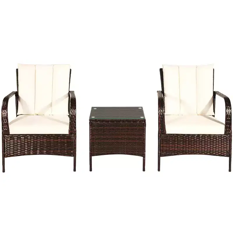 Costway 3 PCS Patio Wicker Rattan Furniture Set Coffee Table & 2 Rattan Chair W/Cushions