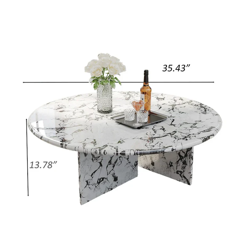 35.43Modern Round Coffee Table,Glossy Faux Marble Table top