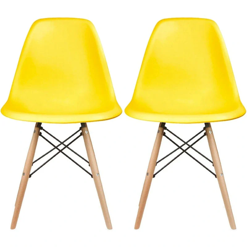 Set of 2 Mid-Century Modern Dining Chairs Armless Plastic Shell Seat with Natural Wooden Eiffel Leg Base, Red