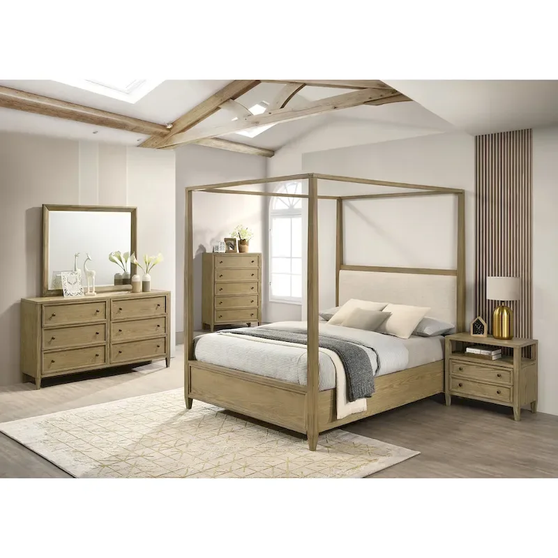 Newell 5 Piece Light Brown Upholstered Canopy Platform Bedroom Set