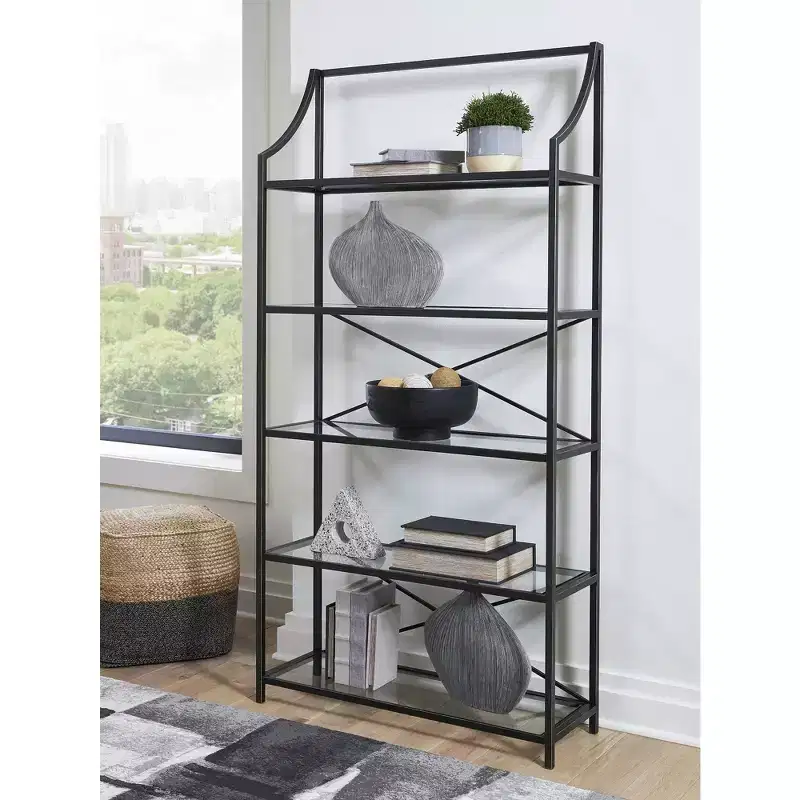 Dakerwell 72 Glass Bookcase with Metal Frame - 5 Shelf Display Storage Unit, Antique Black Finish