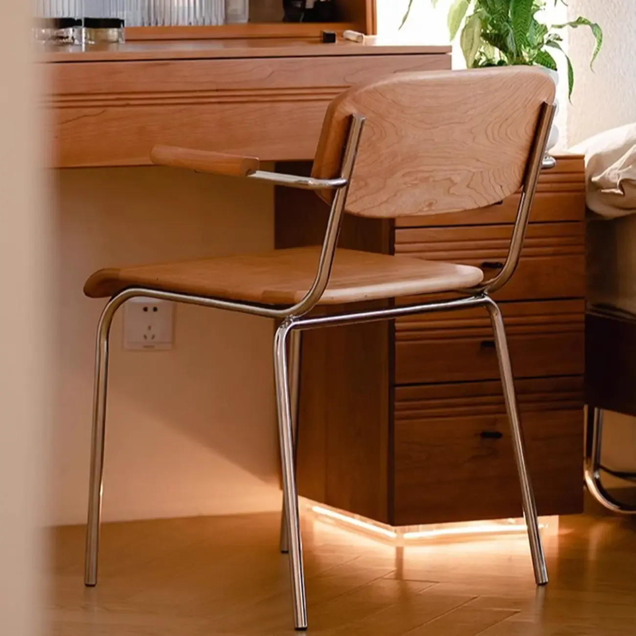 Retro Wooden Dining Chair with Armrests & Chrome Frame