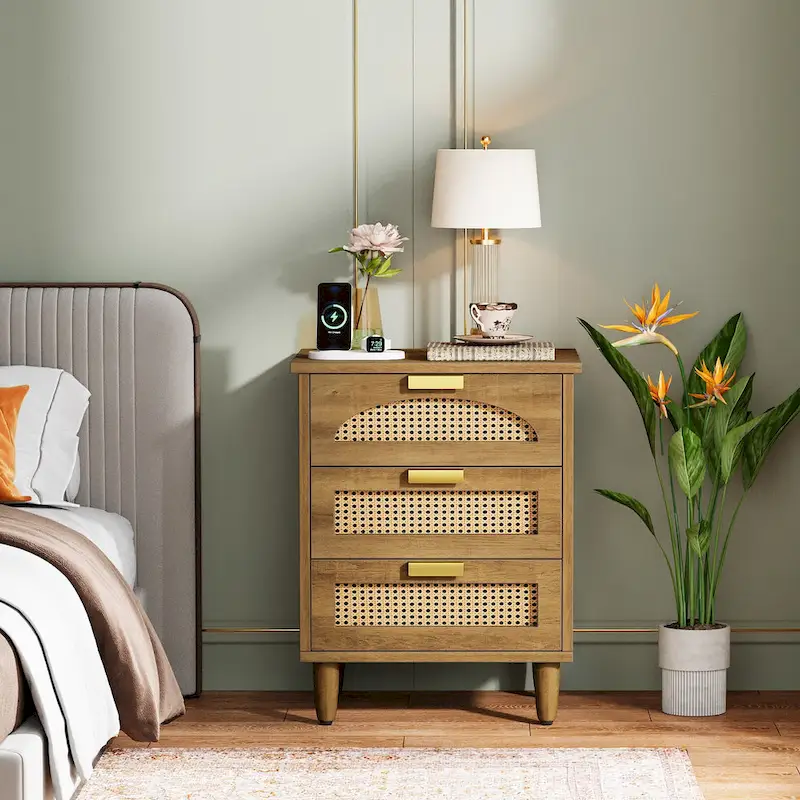 Wood and Rattan 3-Drawer Nightstand with Metal Handles