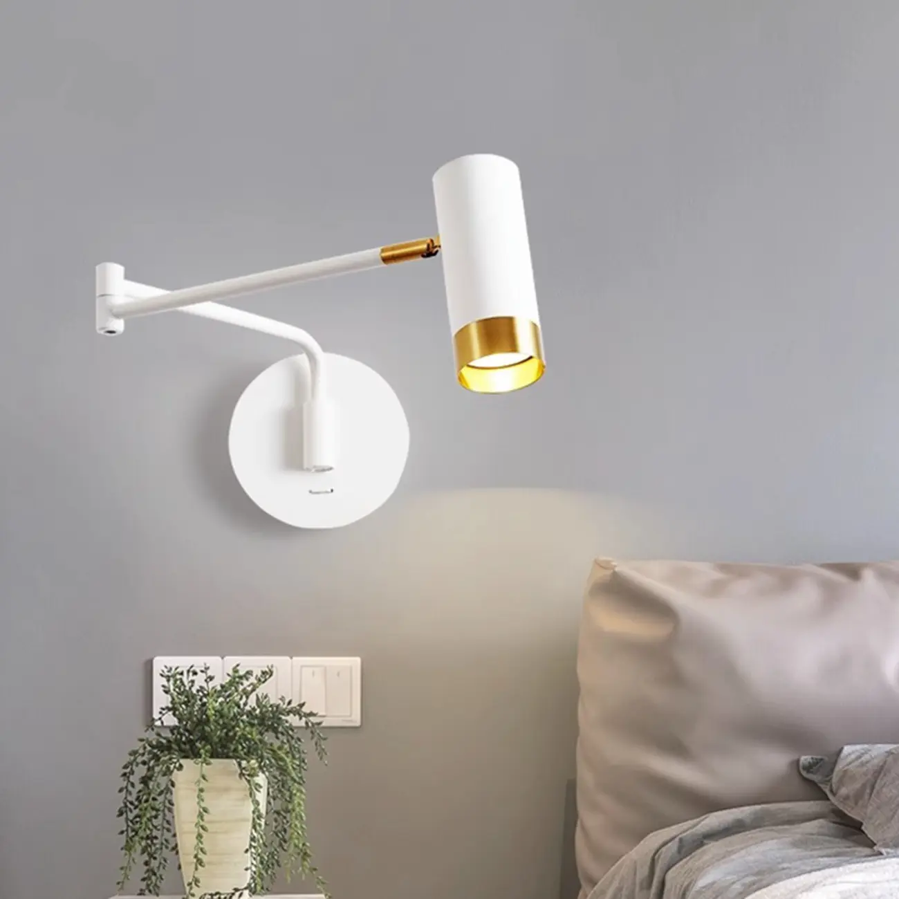 Modern Bedside Swing Arm Wall Light with Iron Shade