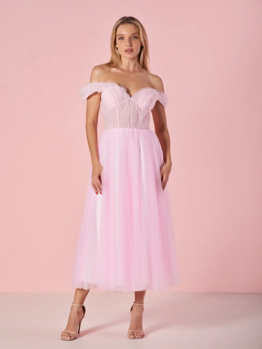 Sweetheart Neck Off the Shoulder Tea Length Tulle Prom Dress