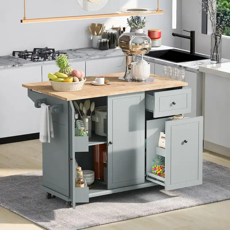 Kitchen Island with Drop Leaf,with Spice Rack, Towel Rack
