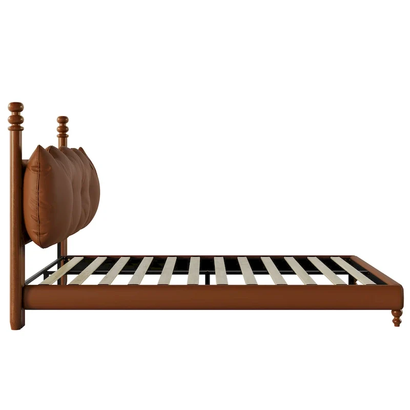 PU Leather Platform Bed with Button-Tufted Headboard & Wood Bedposts – Coffee, Queen / King / Cal King, Sleeps 2