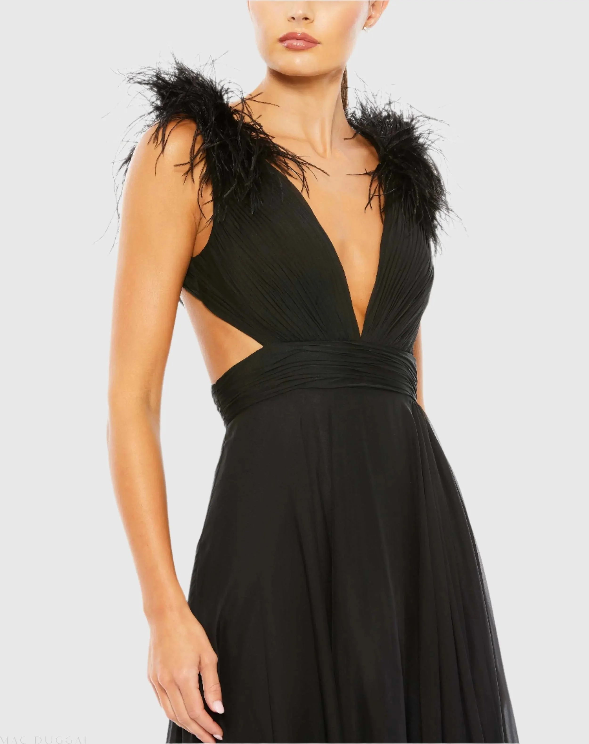 Black Plunge Ostrich Feather A Line Gown