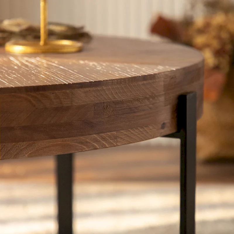 Natural Wood Round Coffee Table with Metal Cross Legs