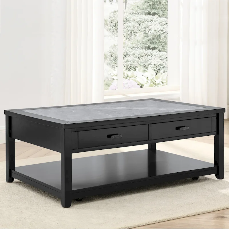 Ebony Marble-Top Coffee Table with Casters