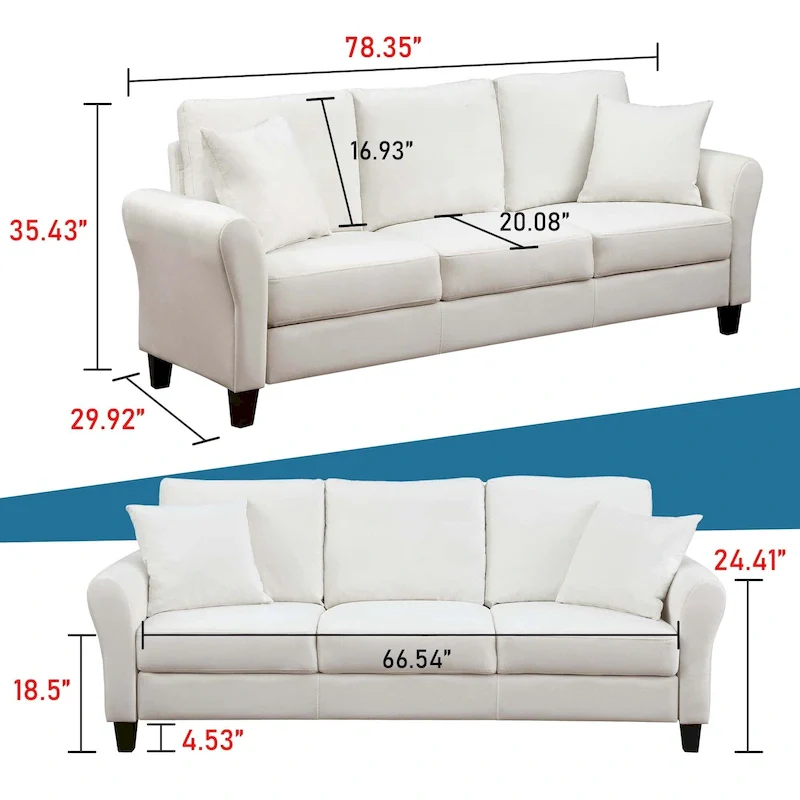3-Seater Velvet Sofa with 2 Pillows, Black/White/Grey, Wood Frame, 3-Person