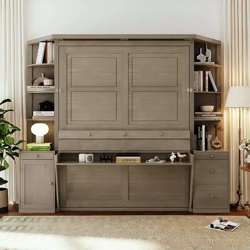 GDF Studio Leonard Murphy Bed with Desk, Storage Shelves and Cabinets, Lights