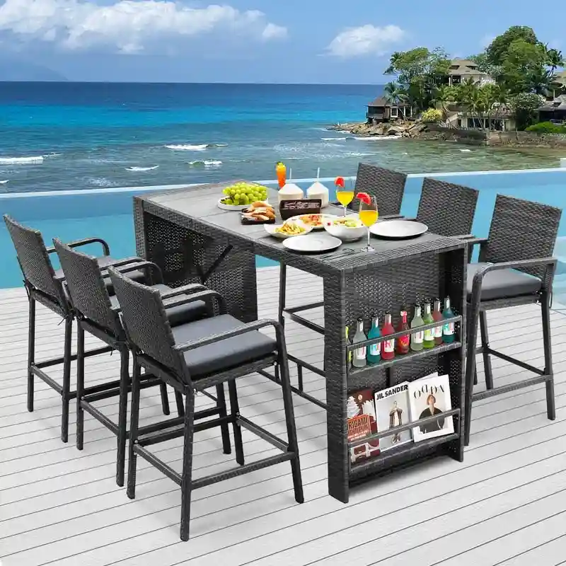 FINCATI Outdoor Oversized PE Wicker Bar Height Table and Chairs, Luxury Comfy Indoor Rectangular Bar Set for Four/ Six Persons
