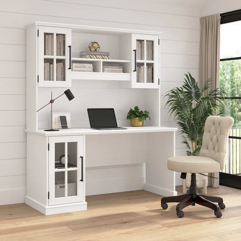 60W Computer Desk with Hutch - Glass Door Storage