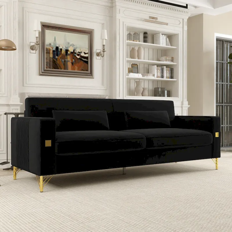 Black 85.63  Velvet 3-Seater Sofa with Gold Accents