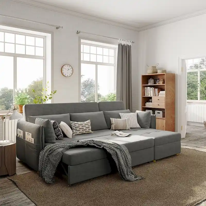 L-Shape Sofa Bed with Scratch-Resistant Fabric and Solid Wood Frame