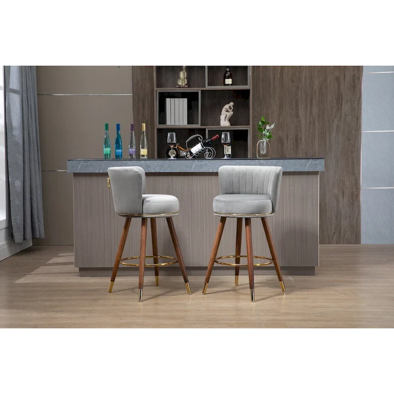 Bar Stools Set of 2, Swivel Barstools with Wood Legs and Footrest, Upholstered Kitchen Stool Island with Backs