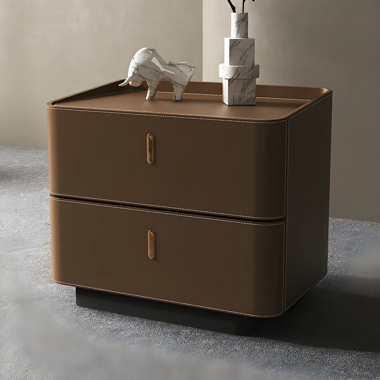 Modern Black Faux Leather Top Wood 2-Drawer Nightstand