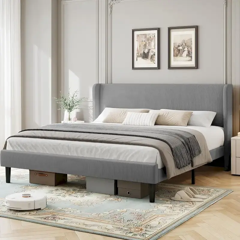 Wooden Bed Frame with Upholstered Headboard