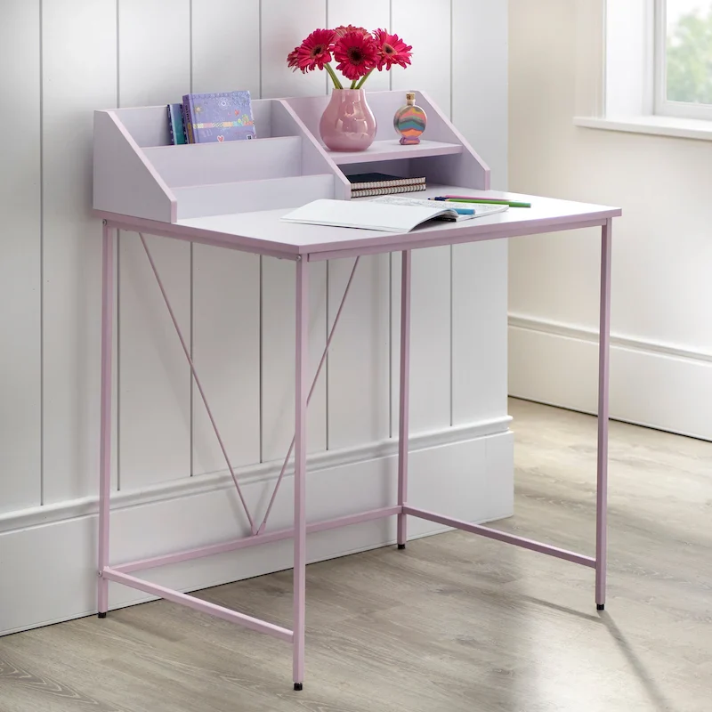 Pink / Grey Student Desk with Bookrack & Shelves, 1-Person