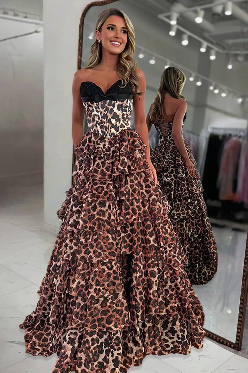 Leopard A Line Chiffon Strapless Corset Long Prom Dresses with Tiered Ruffles