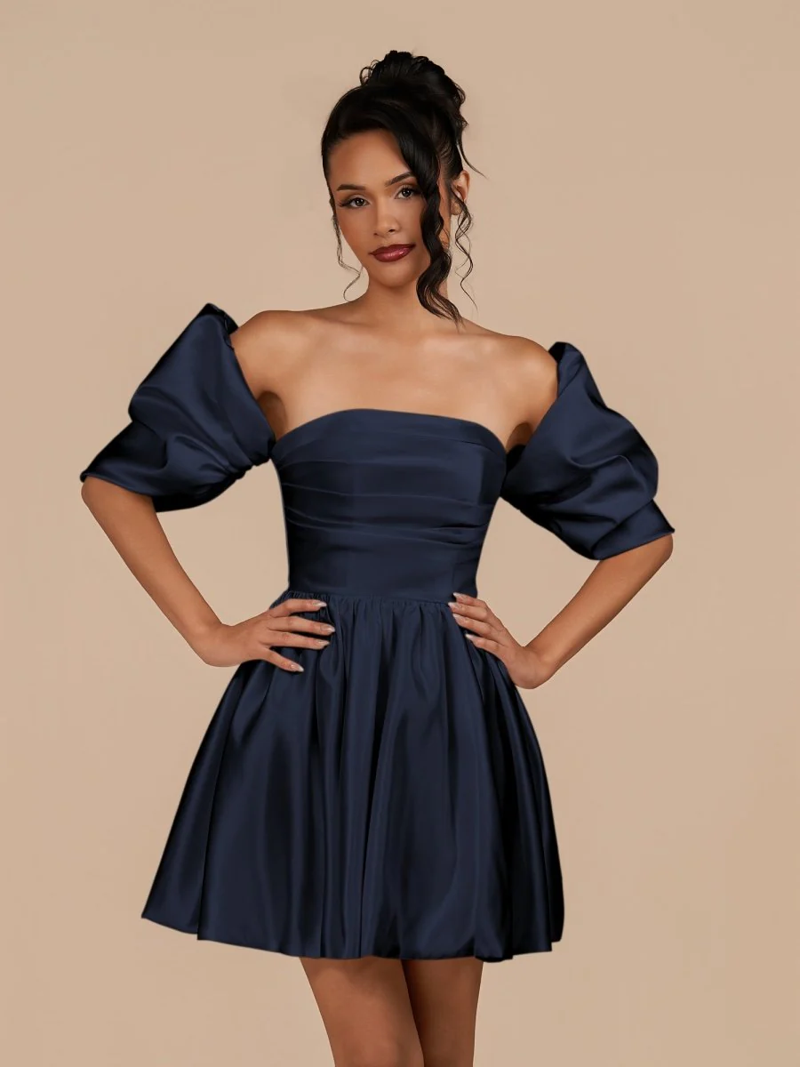 Navy Blue - A Line Satin Strapless Puffed Sleeves Short Homecoming Dresses